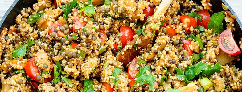 Menu végétarien|Lentilles, quinoa et aubergines