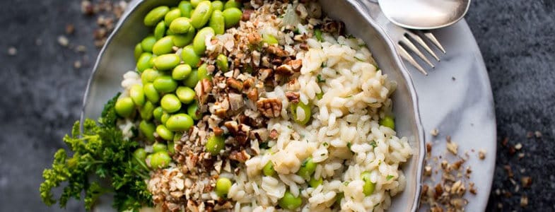 Recette végétarienne – Risotto Edamame, citron, noix de pécan